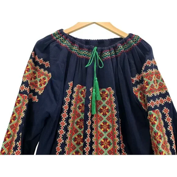 Ukrainian Traditional Blouse XXL Navy Colorful Geometric CrossStitch Embroidery - Picture 2 of 11
